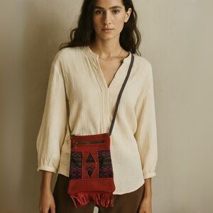 NWT Fair Trade Suede Fringe Boho Crossbody Festival Artisan Woven Bag